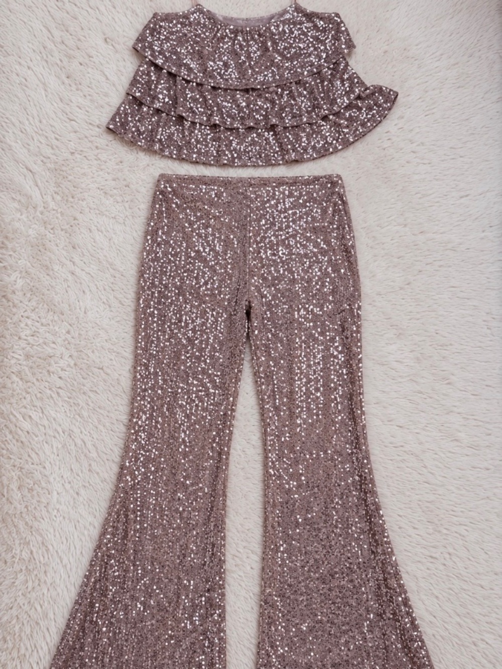 Express Sequin Top (M) + Forever 21 Sequin Flare Pants (S) | Champagne Set